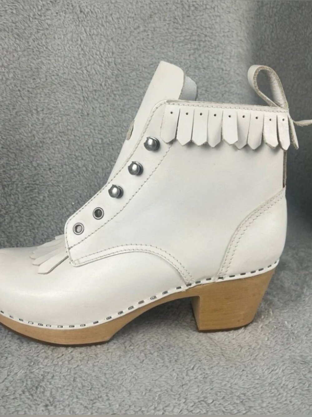 SWEDISH HASBEENS Wood Clog White Leather Kiltie Lace Up Booties 40 - Picture 13 of 16